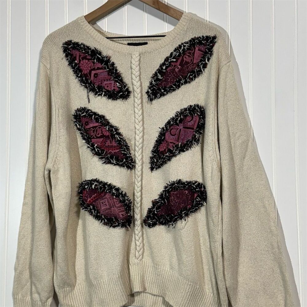 Koos of Course Sweater 1X Silk Lyocell Wool Appliqué Beige Pullover Art to‎ Wear - Picture 2 of 8